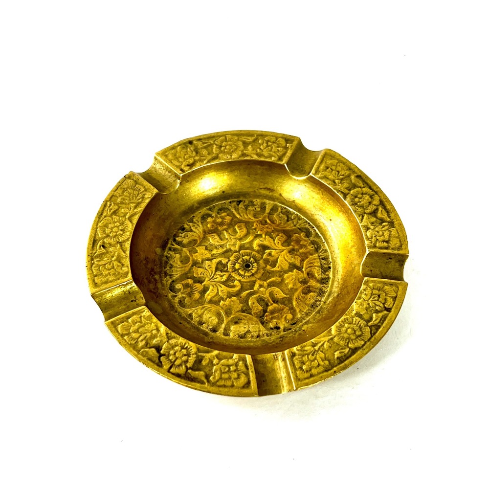 Vintage Ornate Embossed Brass Floral Ashtray Round Gold Tone Trinket Dish 4 Inch